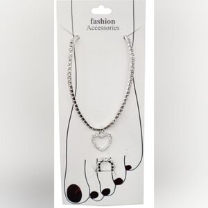 Heart Rhinestone Embellished Silver Chain Dangle Metal Anklet and Toe Ring Set